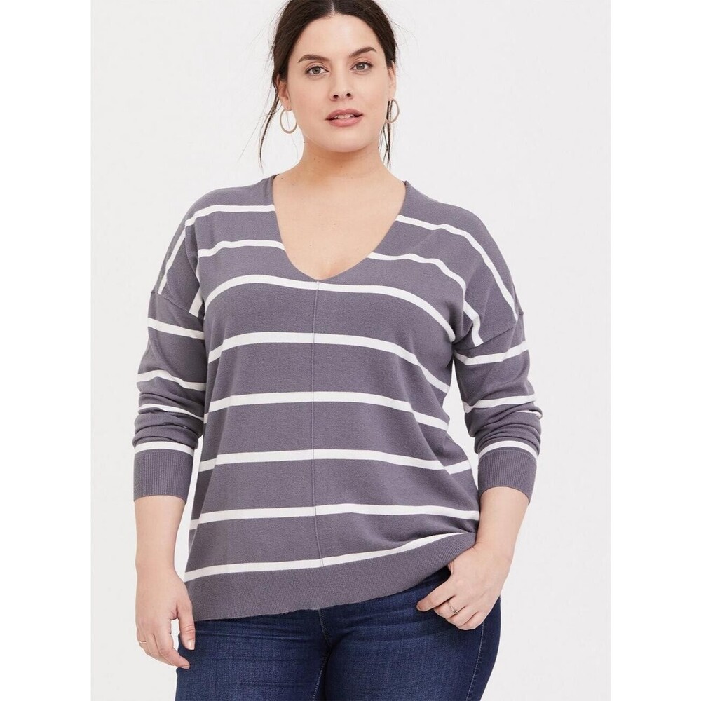 Torrid Sweater Womens 2X Grey White Stripe Pullover Drop Shoulder Preppy Casual